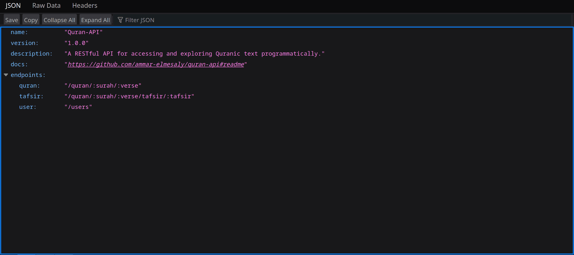 Screenshot of Quran API